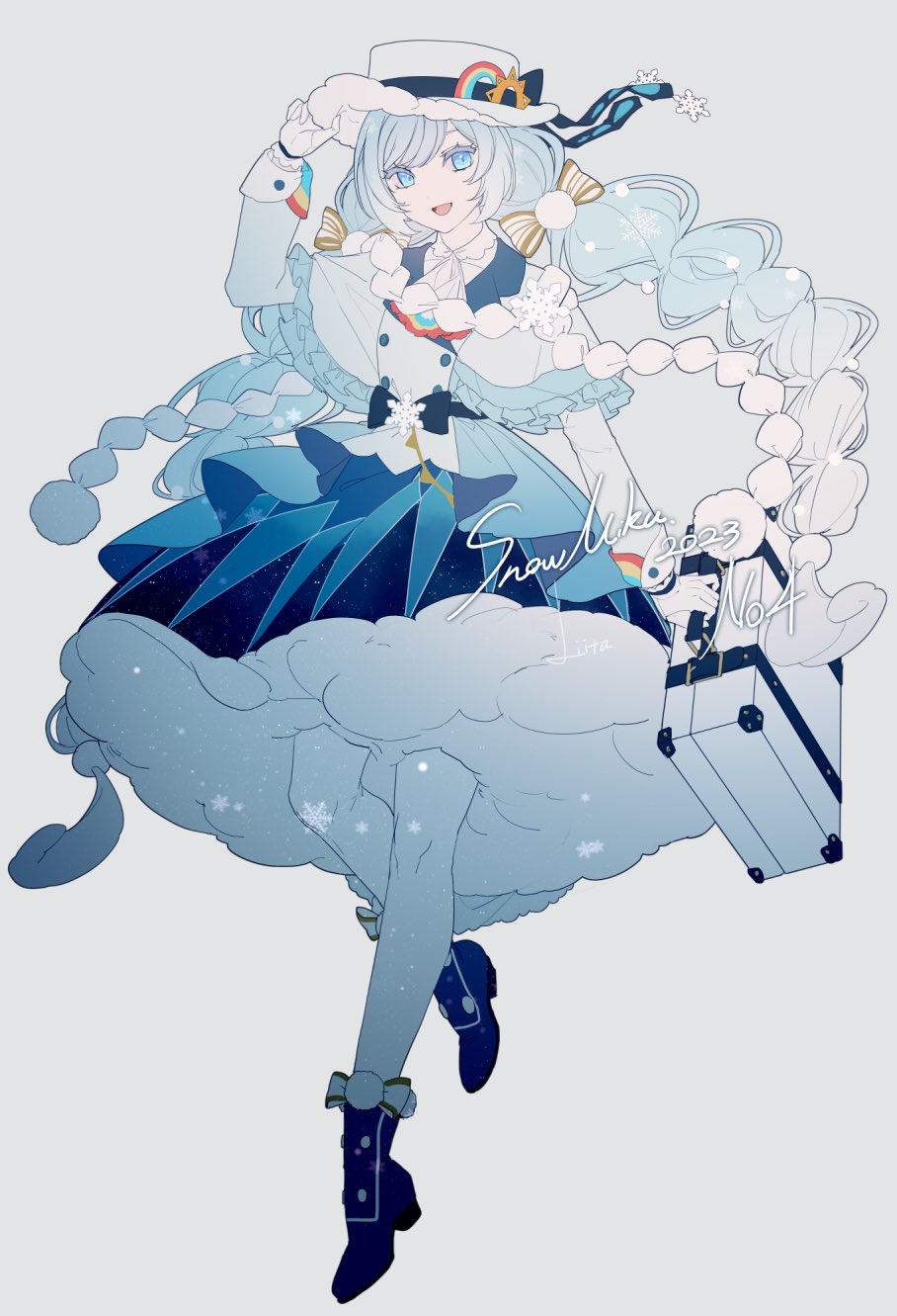 1girl, :d, black_footwear, blue_bow, blue_dress, blue_eyes, blue_hair, boater_hat