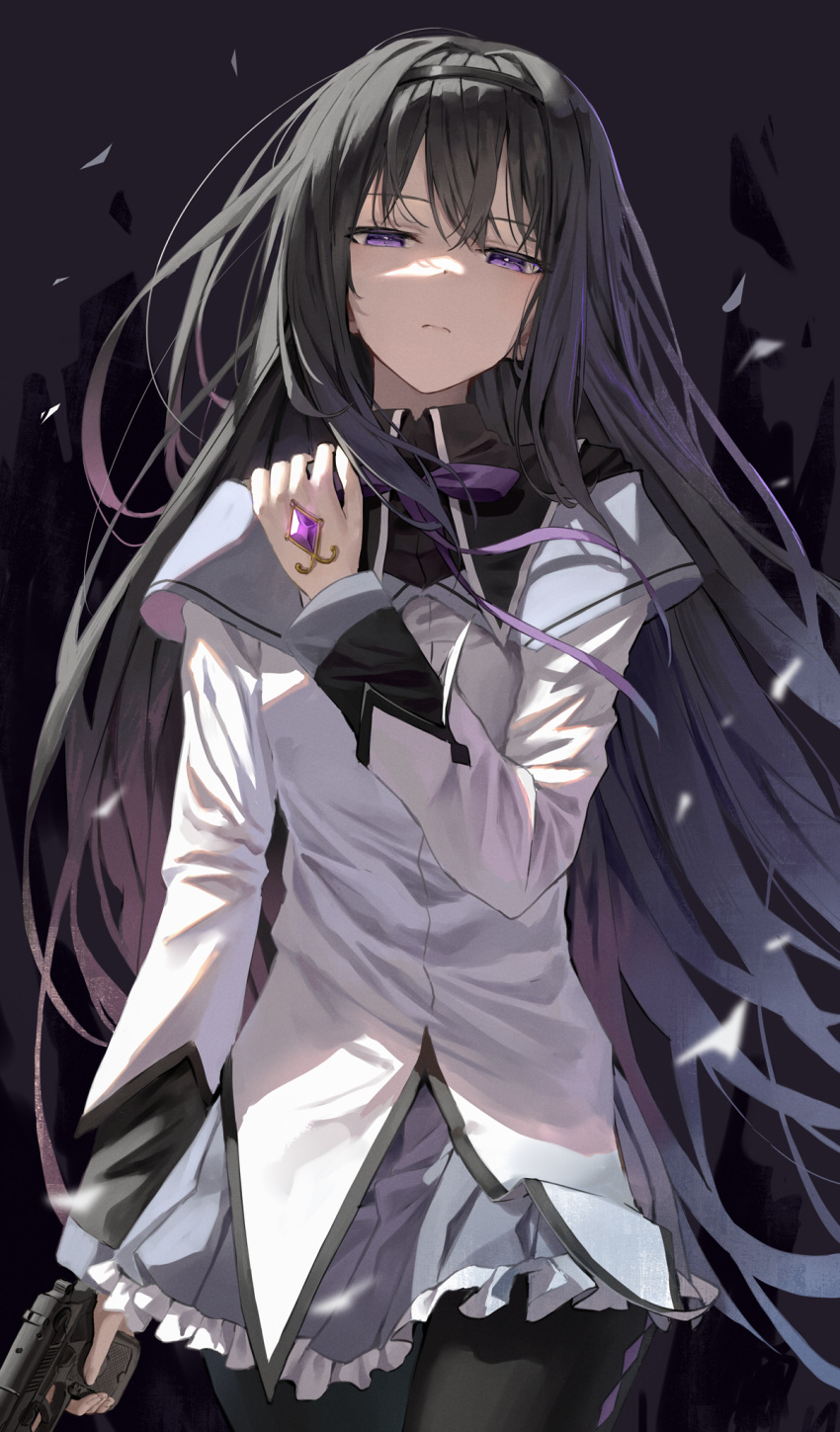 1girl, akemi_homura, bangs, black_hair, black_hairband, black_legwear, closed_mouth, cowboy_shot, grey_skirt, grills, gun, hairband, half-closed_eyes, hand_on_own_shoulder, handgun, highres, holding, holding_gun, holding_weapon, long_hair, mahou_shoujo_madoka_magica, neck_ribbon, pantyhose, pistol, pleated_skirt, purple_ribbon, ribbon, shirt, skirt, solo, soul_gem, superpig, violet_eyes, weapon, white_shirt