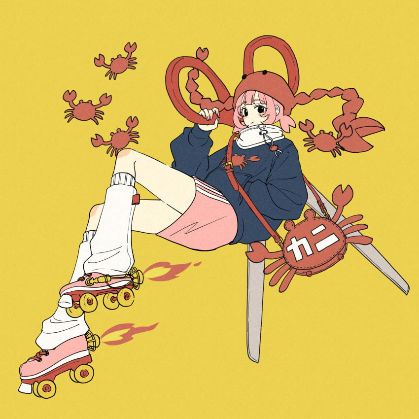 1girl, animal_bag, animal_hat, arthropod_girl, black_eyes, blue_sweater, closed_mouth, coalowl