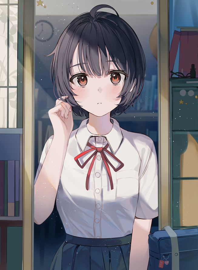 1girl, ahoge, arm_at_side, aroa_(aroamoyasi), bag, bag_charm, bangs, black_hair