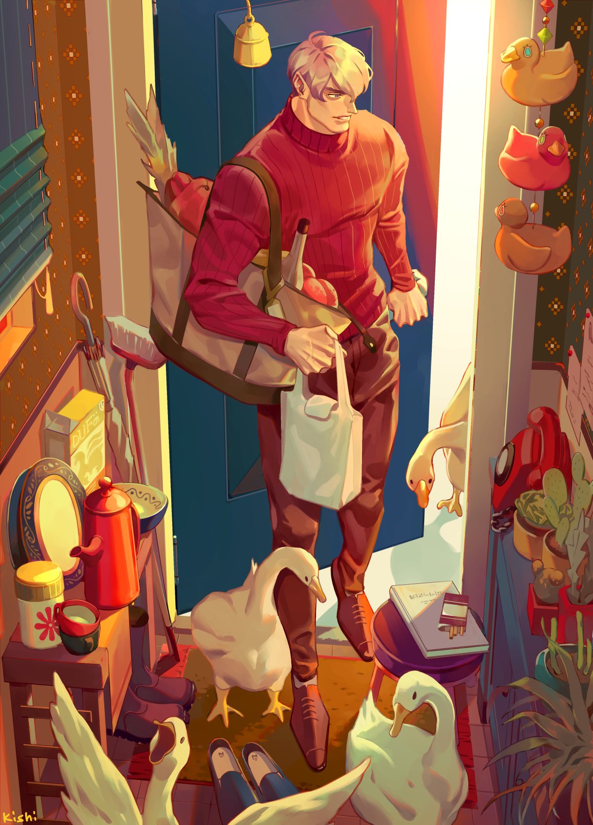 1boy, bag, bell, bird, broom, commentary_request, door, highres