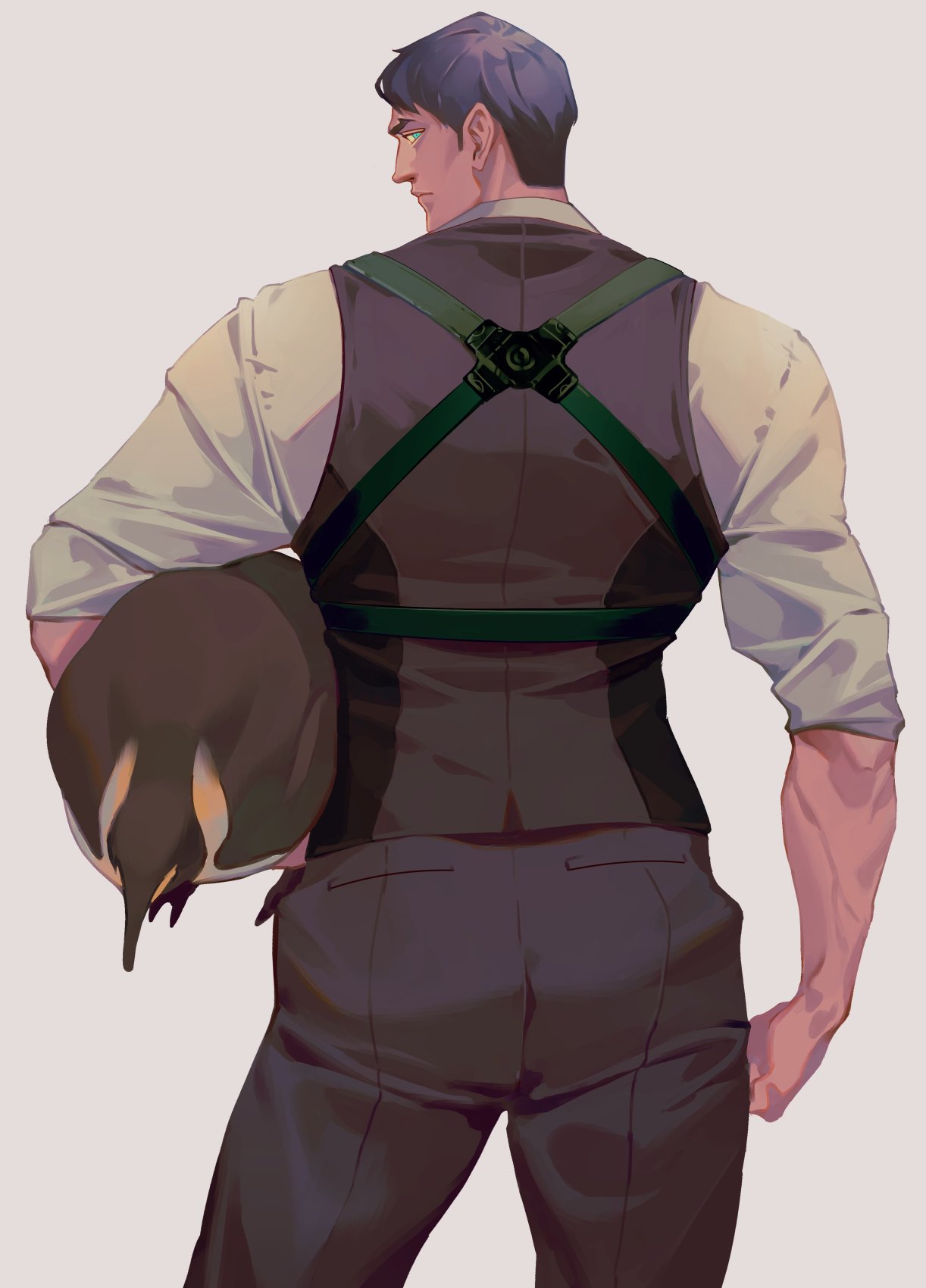 1boy, bird, black_hair, commentary_request, formal, from_behind, harness, highres