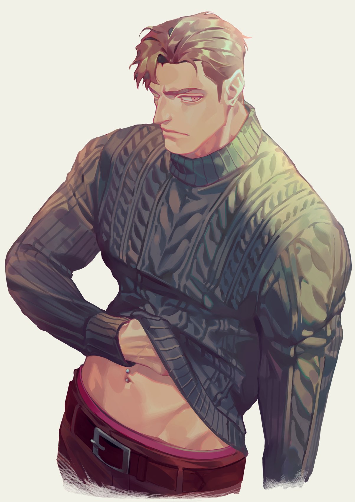 1boy, belt, black_belt, brown_hair, closed_mouth, clothes_lift, commentary_request, highres