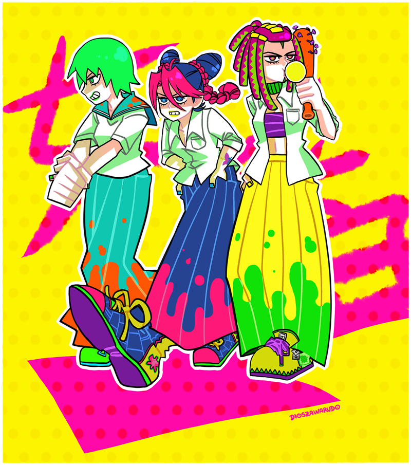 3girls, artist_name, baseball_bat, blue_eyes, blue_hair, braid, brown_eyes, bubble_blowing