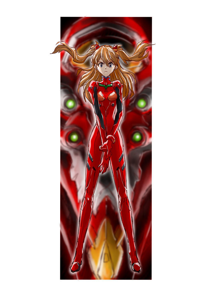 1girl, bangs, blue_eyes, bodysuit, breasts, brown_hair, eva_02, extra_eyes
