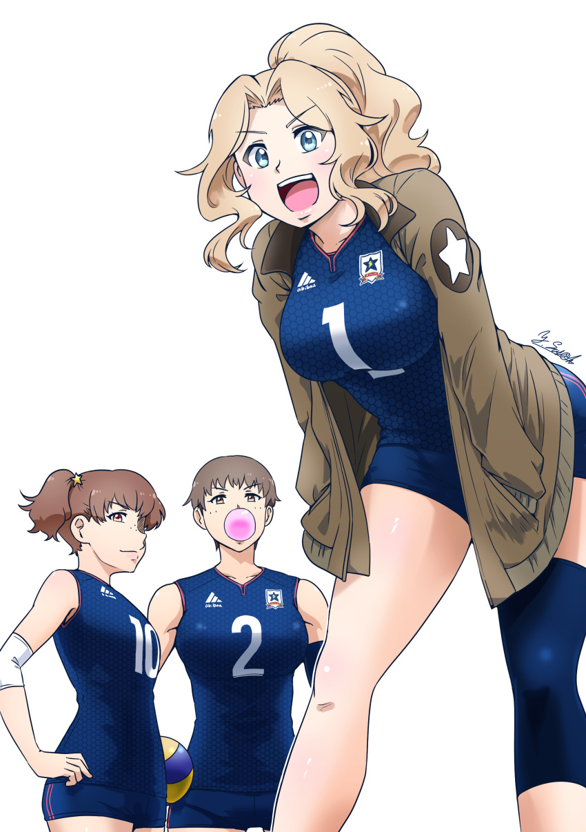3girls, :d, absurdres, alisa_(girls_und_panzer), alternate_costume, ball, blonde_hair, blue_eyes, breasts, brown_eyes, brown_hair, brown_jacket, chewing_gum, cowboy_shot, elbow_drop, emblem, girls_und_panzer, hands_on_hips, highres, holding, holding_ball, jacket, kay_(girls_und_panzer), knee_brace, large_breasts, leaning_forward, medium_breasts, multiple_girls, multiple_views, naomi_(girls_und_panzer), satou_yasu, saunders_(emblem), short_hair, small_breasts, smile, sportswear, thighs, two_side_up, volleyball, volleyball_uniform, white_background