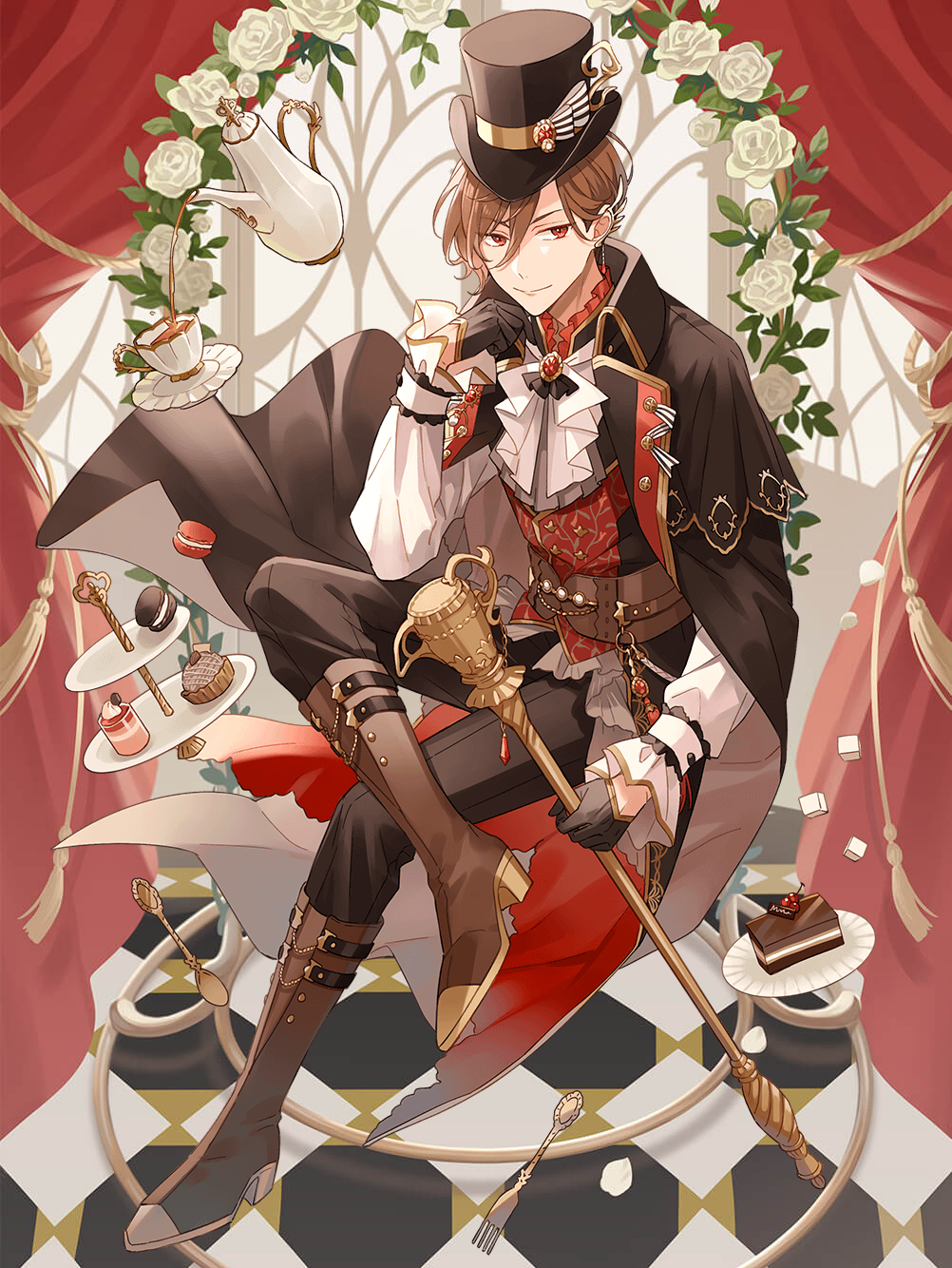 1boy, arch, artist_request, ascot, badge, belt, black_cape, black_gloves