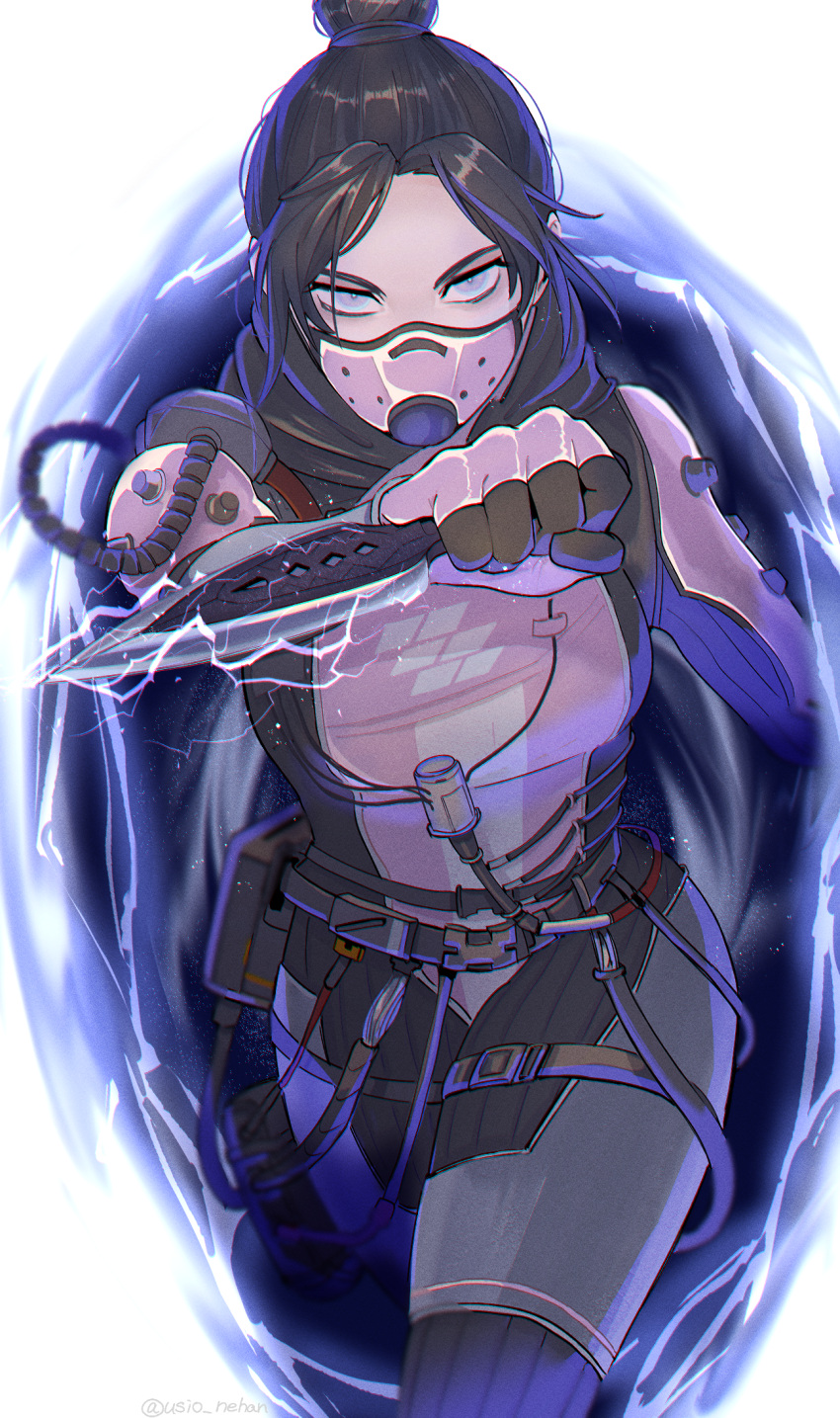 1girl, apex_legends, bangs, black_hair, blue_eyes, bodysuit, breasts, cable
