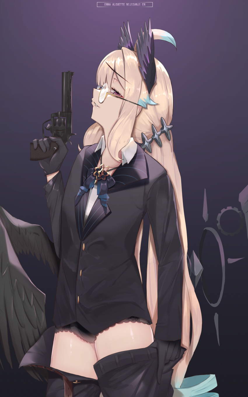 1girl, absurdres, ahoge, bangs, belt, bird_girl, black_jacket, black_panties