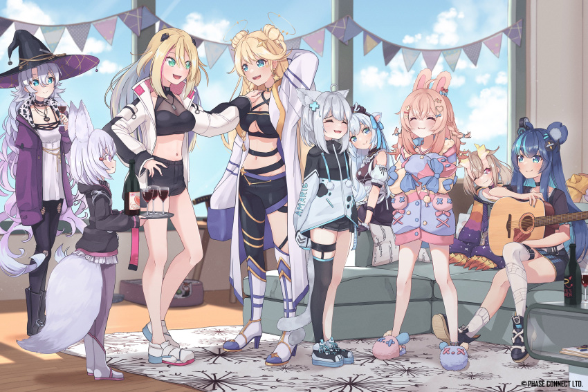 6+girls, absurdres, alcohol, amaris_yuri, animal_ears, bangs, bear_ears, bear_girl