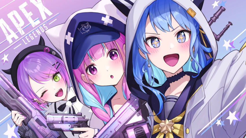 3girls, absurdres, apex_legends, b3_wingman, baseball_cap, beret, black_headwear, blue_hair