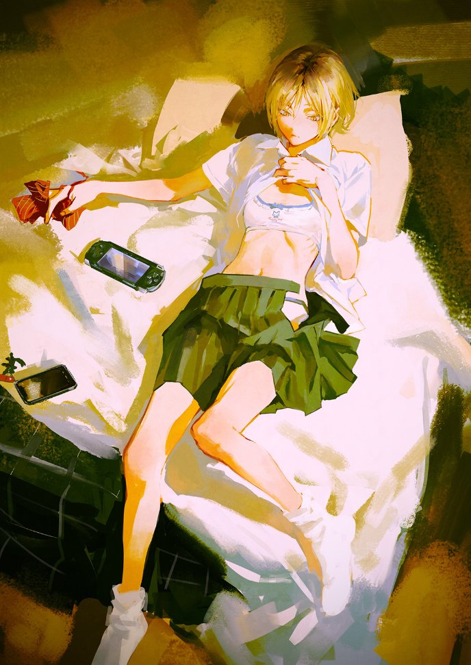 1girl, bed, black_cat, black_hair, blanket, blonde_hair, bow, bowtie