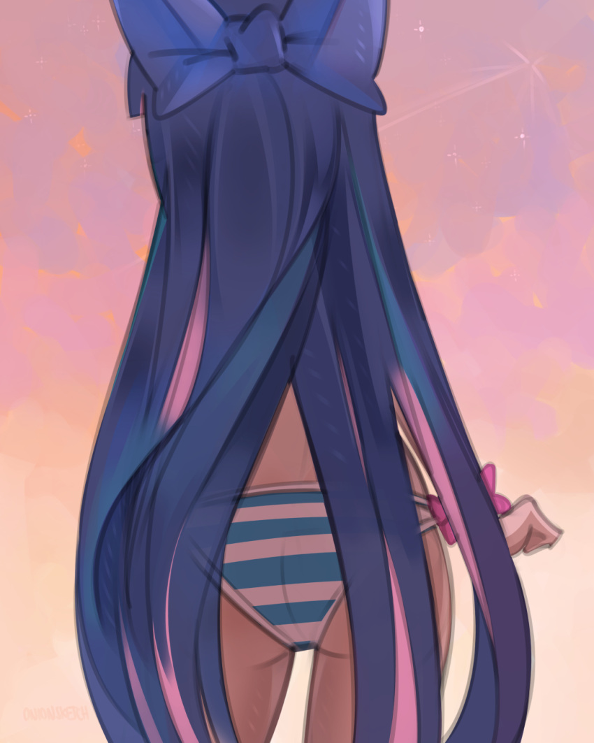 1girl, ass, bikini, blue_bow, blue_hair, bow, clenched_hand, clouds, colored_inner_hair, from_behind, hair_bow, highres, long_hair, multicolored_hair, onionsketch, panty_&amp;_stocking_with_garterbelt, pink_hair, shooting_star, sky, solo, star_(sky), stocking_(psg), striped, striped_bikini, swimsuit, very_long_hair, wrist_cuffs
