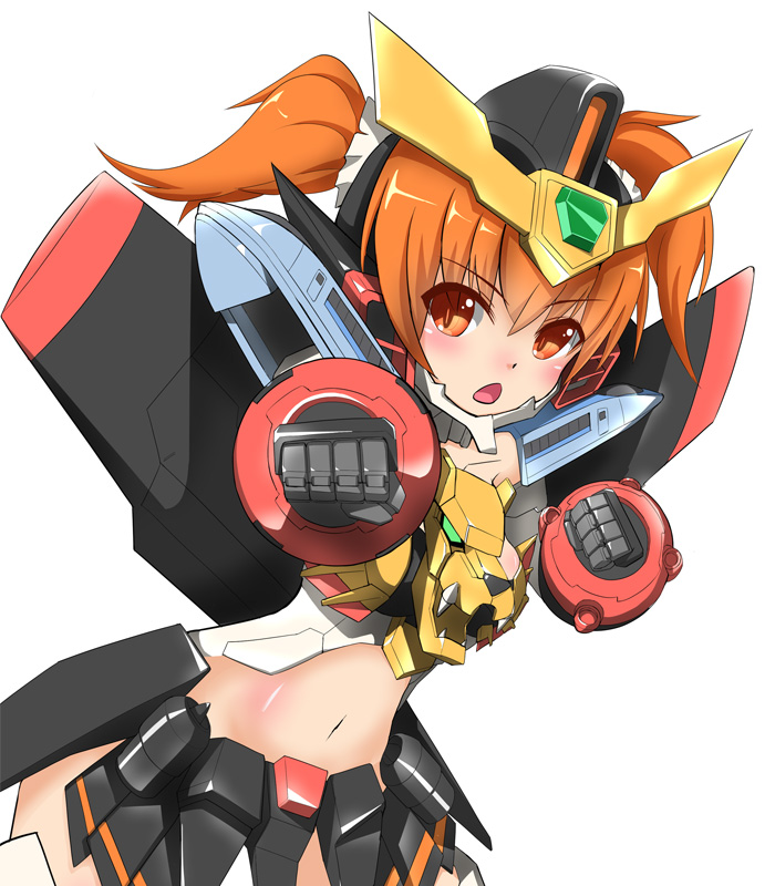 1girl, :o, airplane_wing, black_skirt, blush, clenched_hands, delta_gear, frame_arms_girl, gaogaigar, gaogaigar_(crossframe_girl), midriff, navel, open_mouth, orange_eyes, orange_hair, personification, skirt, solo, twintails, v-fin, v-shaped_eyebrows, white_background, yuusha_ou_gaogaigar, yuusha_series