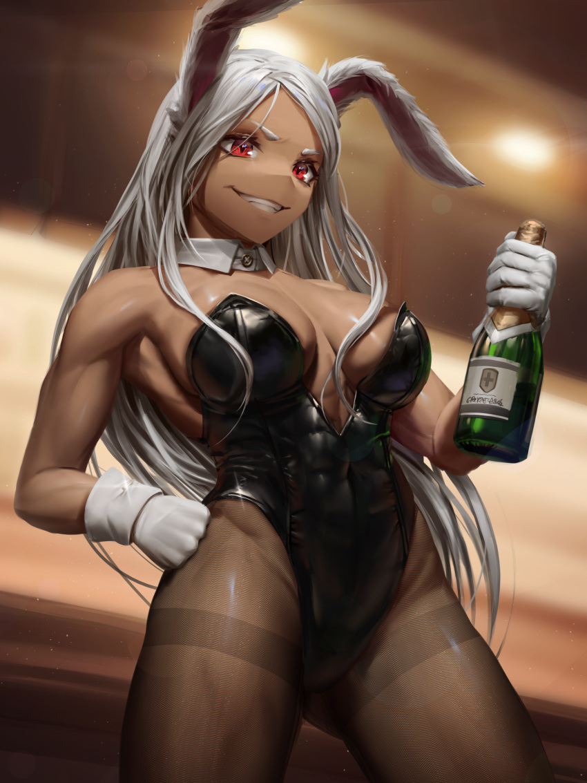 1girl, absurdres, alcohol, animal_ears, bangs, bare_shoulders, black_leotard, boku_no_hero_academia