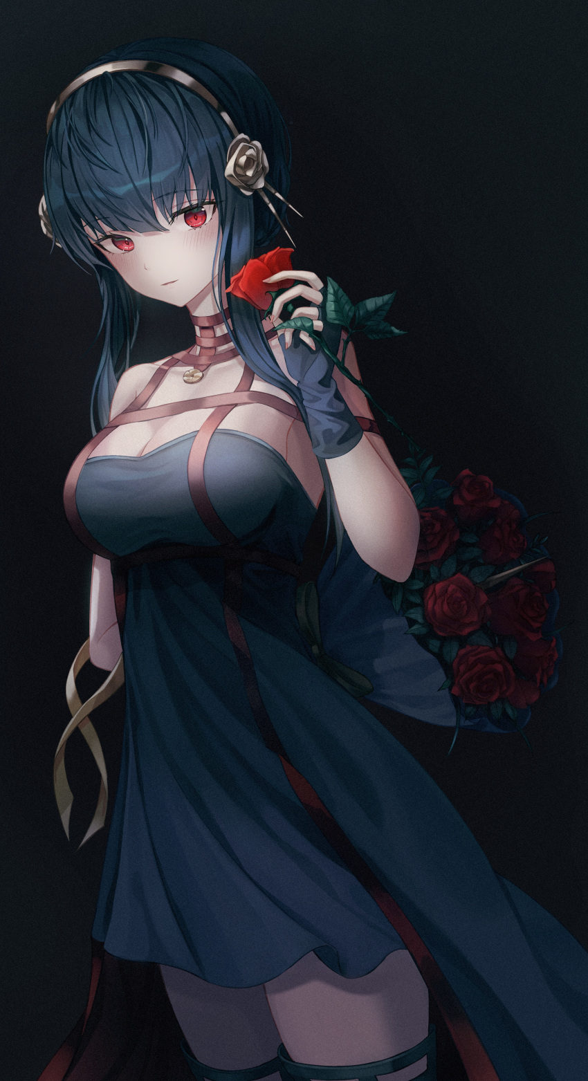 1girl, absurdres, bangs, black_background, black_hair, bouquet, breasts, dress