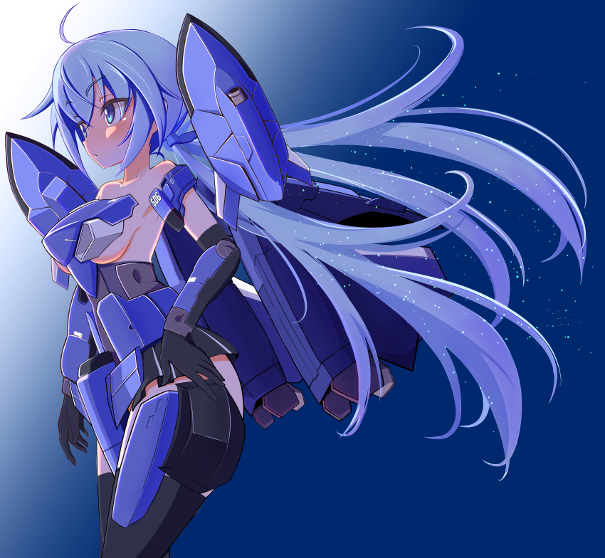 1girl, absurdres, black_gloves, black_skirt, blue_background, blue_eyes, blue_hair, blush