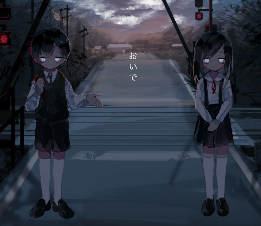 1boy, 1girl, black_hair, close-up, constricted_pupils, dark, glowing, glowing_eyes, horror_(theme), hyde_(hai-do), japanese_tit, kneehighs, loafers, long_sleeves, original, outstretched_hand, peter_pan_collar, railroad_tracks, shoes, short_hair, siblings