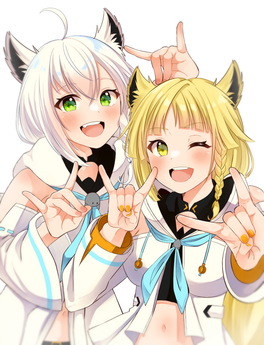 2girls, ahoge, animal_ears, bang_dream!, blonde_hair, blue_neckerchief, braid, breasts, cosplay, cowlick, crossover, detached_sleeves, elu_pom, eyebrows_visible_through_hair, fox_ears, fox_shadow_puppet, highres, hololive, hood, hoodie, kemonomimi_mode, long_hair, medium_breasts, midriff, multiple_girls, nail_polish, navel, neckerchief, shirakami_fubuki, shirakami_fubuki_(cosplay), side_braid, tsurumaki_kokoro, virtual_youtuber, white_background, white_hair, white_hoodie, yellow_nails