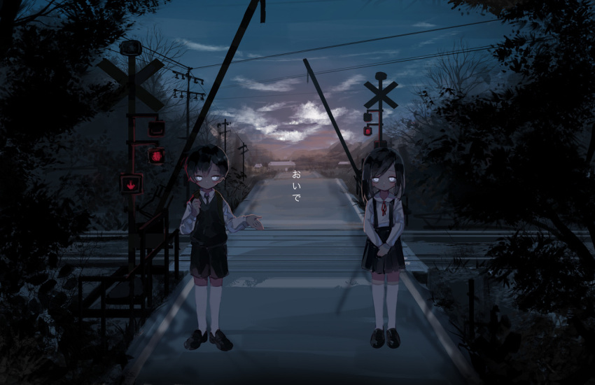 1boy, 1girl, black_hair, constricted_pupils, dark, glowing, glowing_eyes, horror_(theme), hyde_(hai-do), japanese_tit, kneehighs, loafers, long_sleeves, original, outstretched_hand, peter_pan_collar, railroad_tracks, shoes, short_hair, siblings, skirtall, translation_request, twins, wide_image