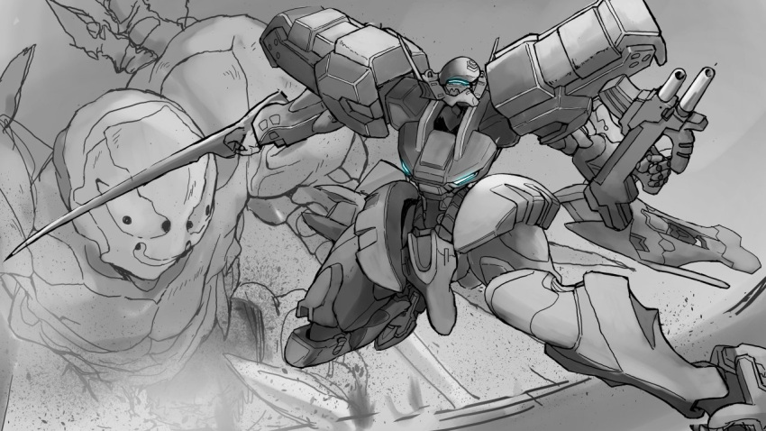 alien, beta_(muvluv), flying, gun, holding, holding_gun, holding_shield, holding_weapon