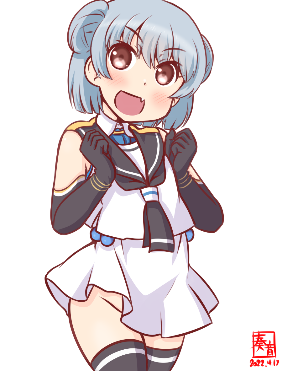 1girl, artist_logo, black_eyes, black_gloves, black_legwear, black_neckerchief, black_sailor_collar, blue_hair