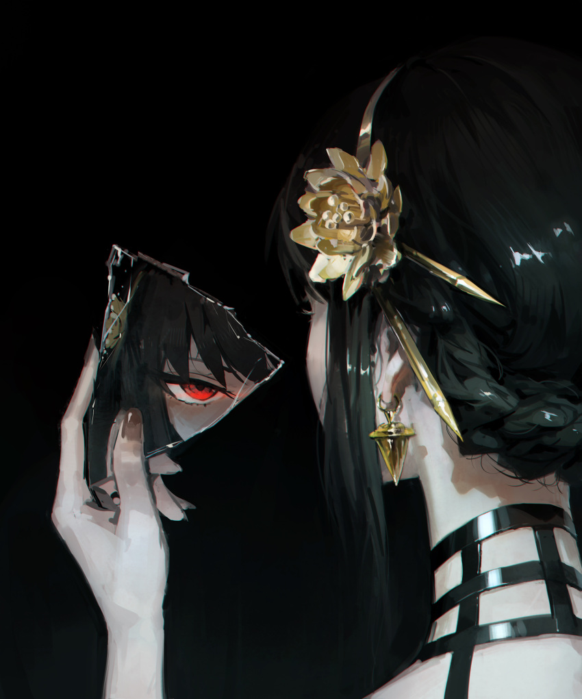 1girl, artificial_flower, black_background, black_hair, braid, dino_(dinoartforame), fingernails, flower, from_behind, hair_flower, hair_ornament, hairband, highres, holding, long_hair, looking_at_viewer, nape, red_eyes, reflection, shards, sidelocks, simple_background, solo, spy_x_family, upper_body, yellow_hairband, yor_briar