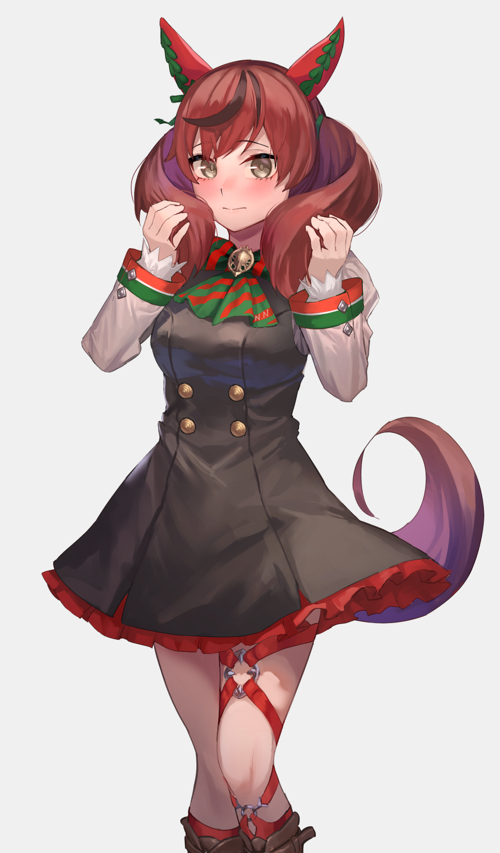 1girl, animal_ears, asymmetrical_legwear, bangs, black_dress, blush, brown_eyes, buttons