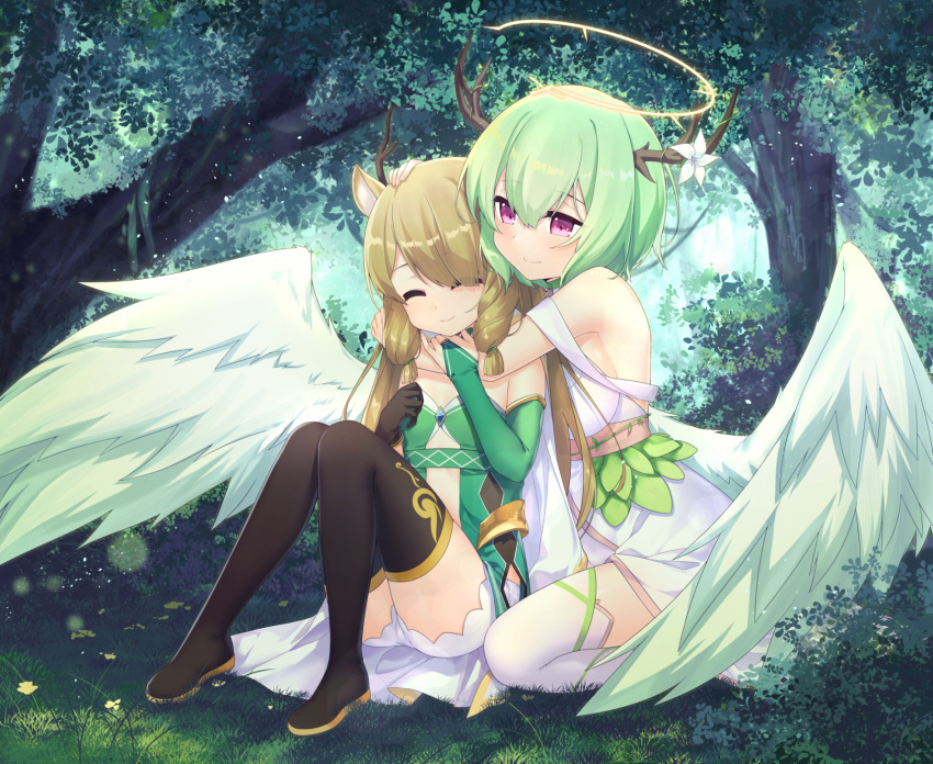 2girls, ^_^, angel, angel_wings, antlers, bangs, bare_shoulders, black_footwear