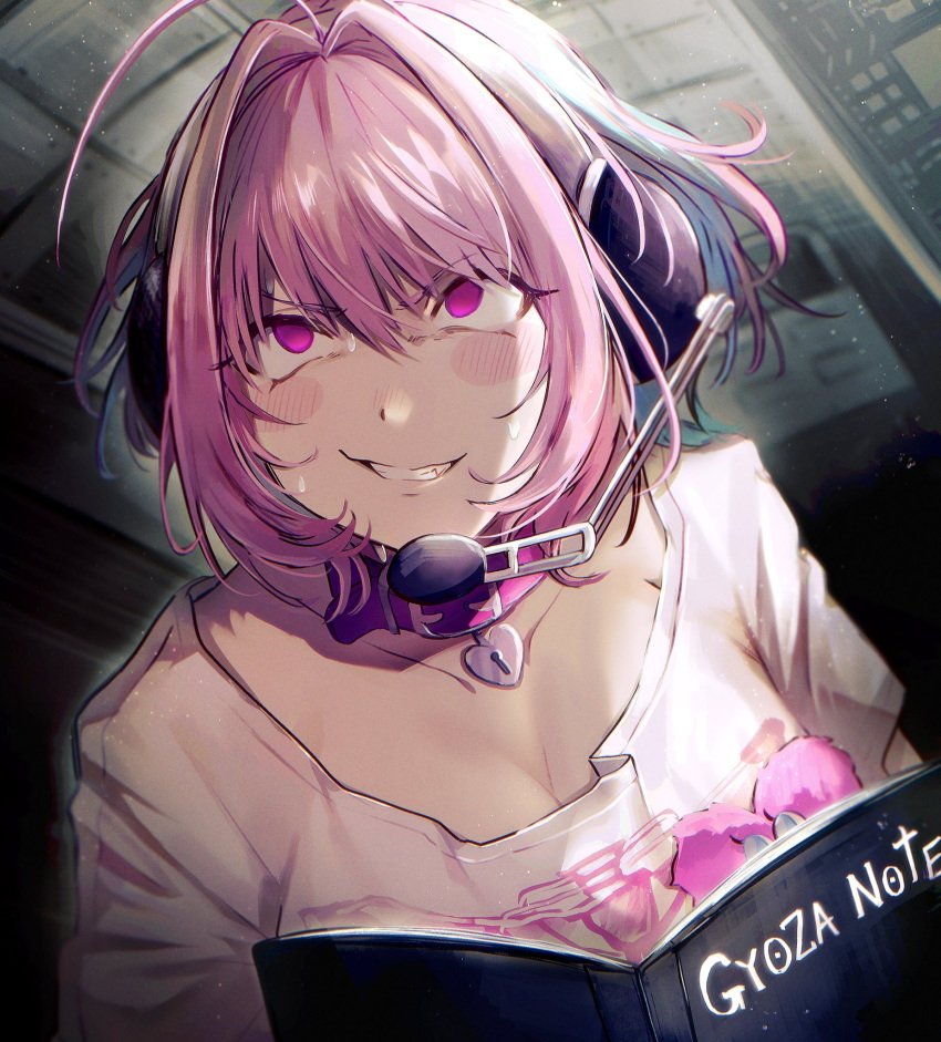 1girl, ahoge, belt_collar, blue_hair, collar, collarbone, death_note, hair_intakes
