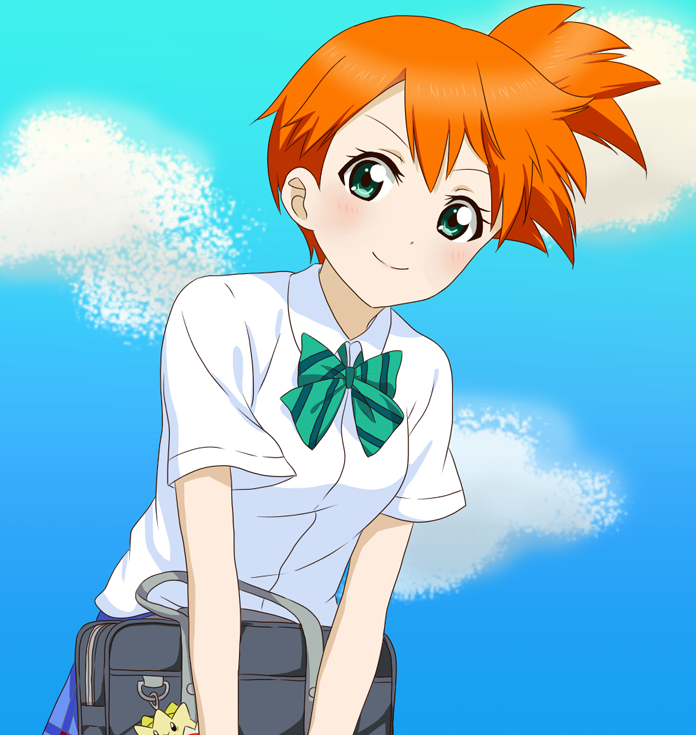 1girl, aqua_eyes, asuka_(ganboriyo), bag, bow, bowtie, charm_(object), green_bow