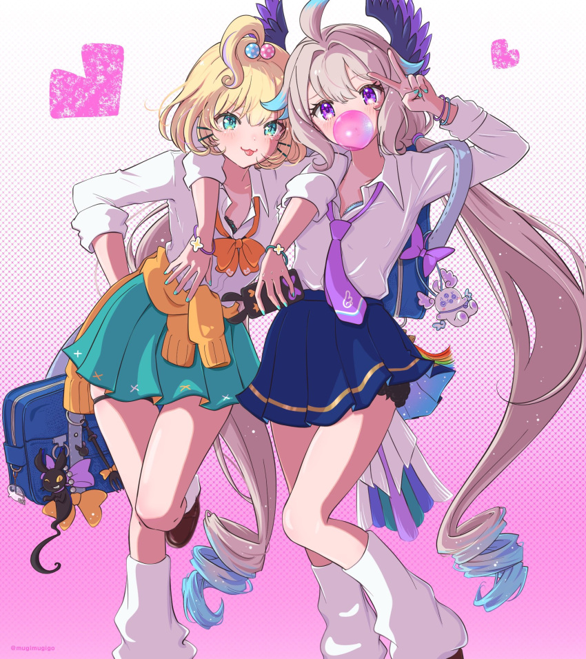 2girls, ahoge, aloupeep_(enna_alouette), aqua_nails, aqua_skirt, bag, bangs, blonde_hair
