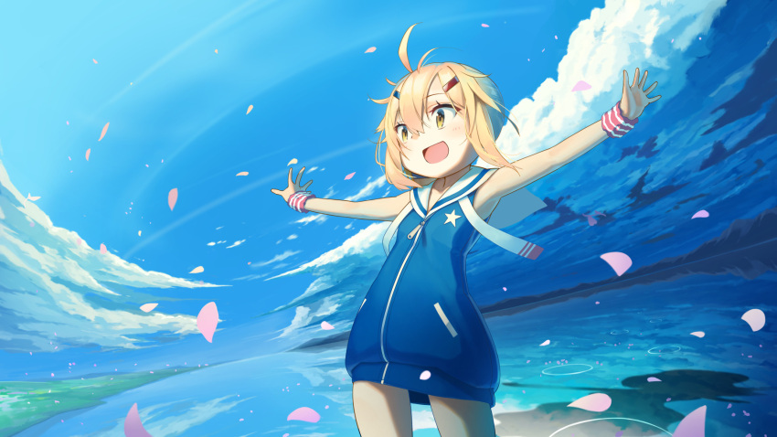 1girl, ahoge, azur_lane, bangs, bare_shoulders, blonde_hair, blue_dress, cherry_blossoms