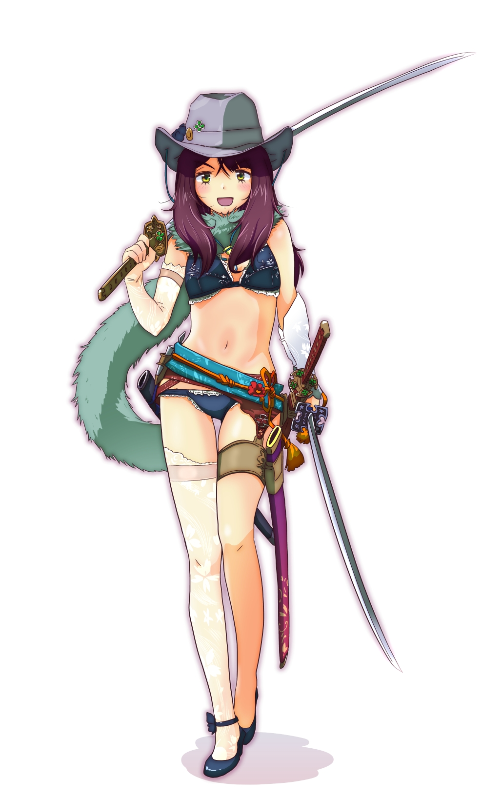 1girl, :d, brown_hair, cowboy_hat, dual_wielding, fur_scarf, hat, highres, holding, jyagi_naoki, katana, long_hair, obi, oneechanbara, panties, sash, scabbard, sheath, single_thighhigh, smile, solo, sword, thigh-highs, toki_ayano, underwear, weapon, white_background, yellow_eyes, yurucamp