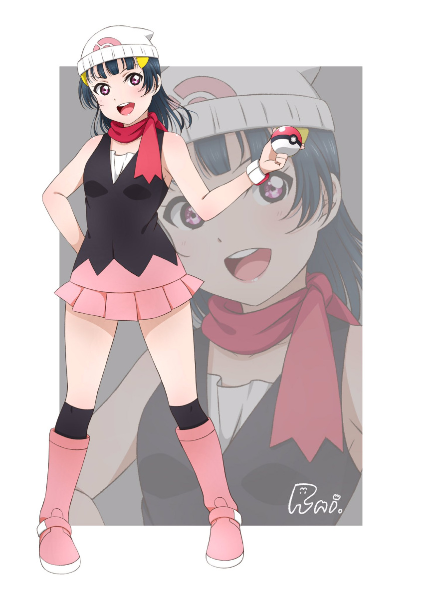 1girl, :d, beanie, black_hair, boots, cosplay, dawn_(pokemon)_(cosplay), dress