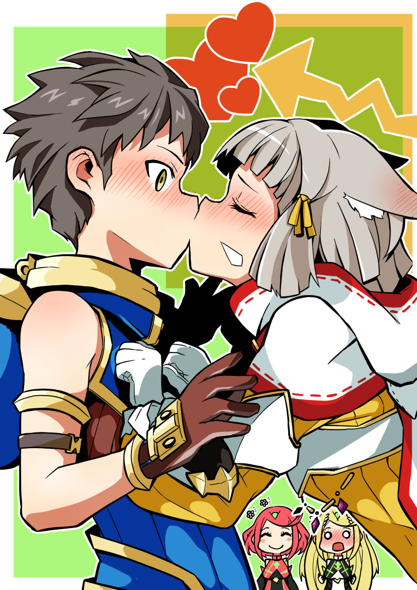 1boy, 3girls, absurdres, animal_ears, bangs, blonde_hair, blunt_bangs, bodysuit