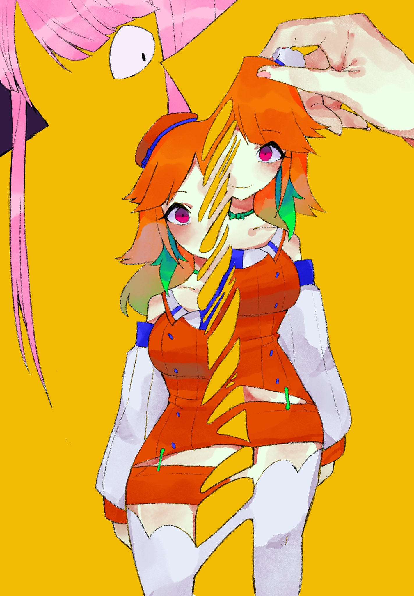 2girls, bow_choker, chef_hat, earrings, feather_earrings, feathers, gradient_hair, hat