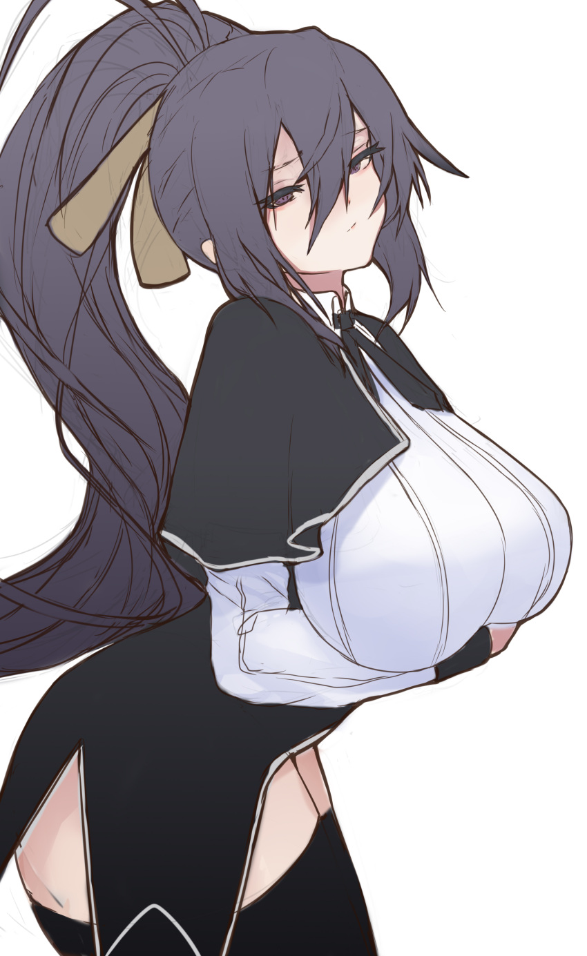 1girl, absurdres, arms_under_breasts, black_hair, blush, breasts, commentary, english_commentary