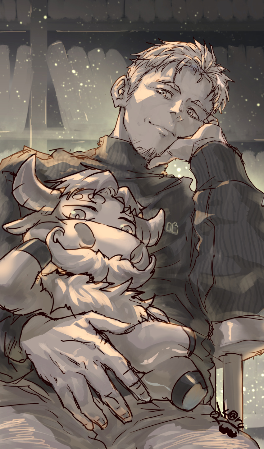1boy, absurdres, brown_theme, character_request, creature, elbow_rest, english_commentary, facial_hair