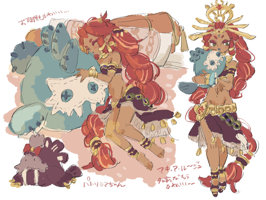 1girl, 723_(yamenkaaa), armlet, bare_shoulders, barefoot, blue_lips, braid, button_eyes
