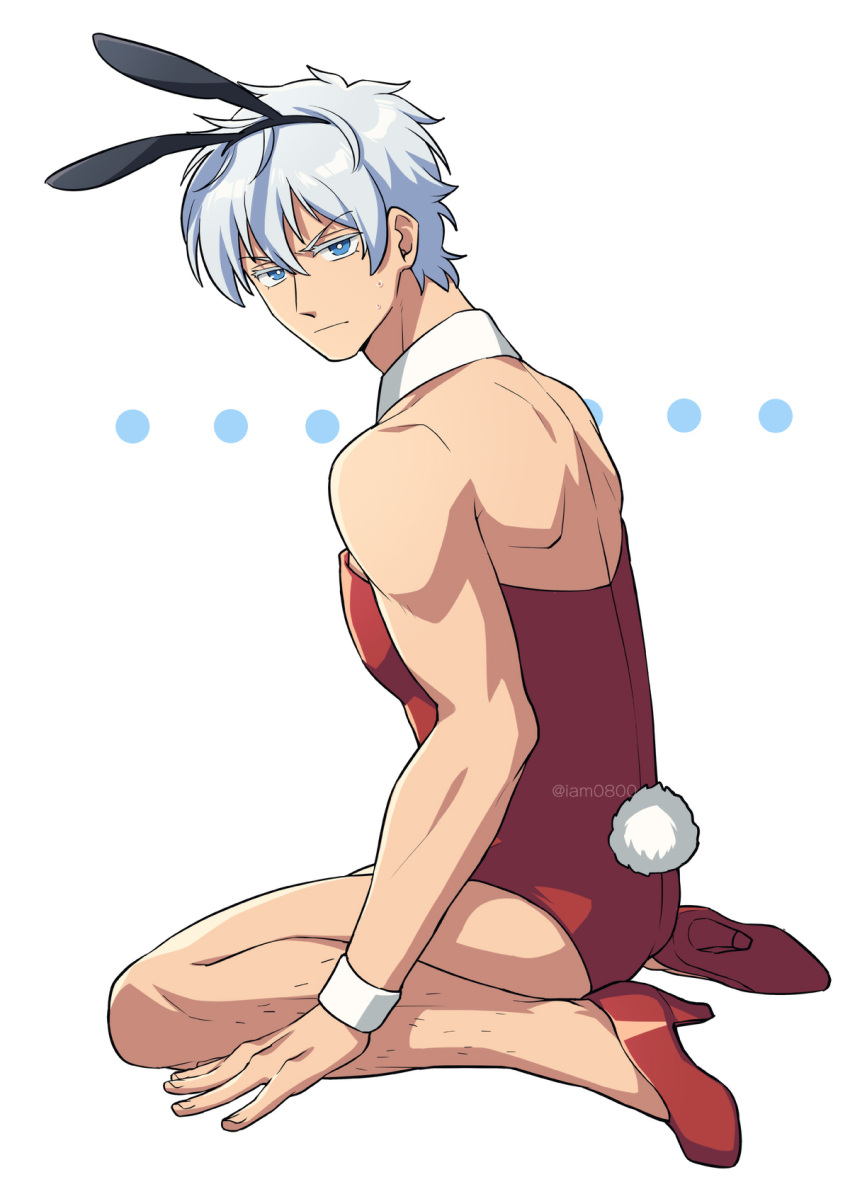 1boy, animal_ears, annoyed, arm_support, asada_hachi, ass, bangs, banned_artist