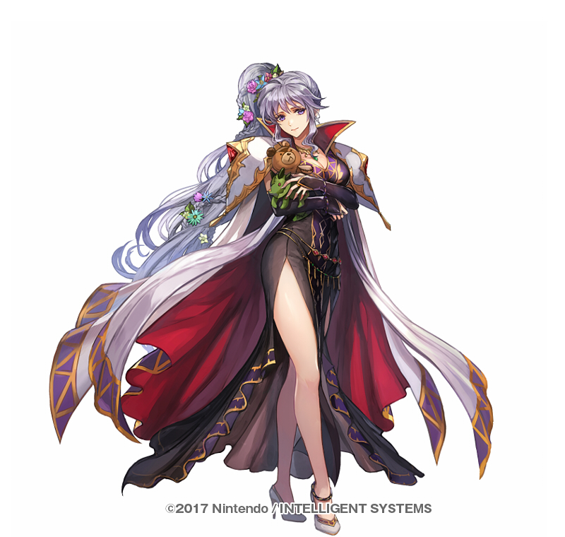 1girl, alternate_costume, armor, book, breasts, cape, dress, electricity, fire_emblem, fire_emblem:_genealogy_of_the_holy_war, fire_emblem_heroes, flower, gloves, hair_ornament, high_heels, ishtar_(fire_emblem), jewelry, legs, lightning, long_hair, looking_at_viewer, magic, nijihayashi, nintendo, official_alternate_costume, pauldrons, shoulder_armor, simple_background, smile, solo, stuffed_animal, stuffed_toy, very_long_hair