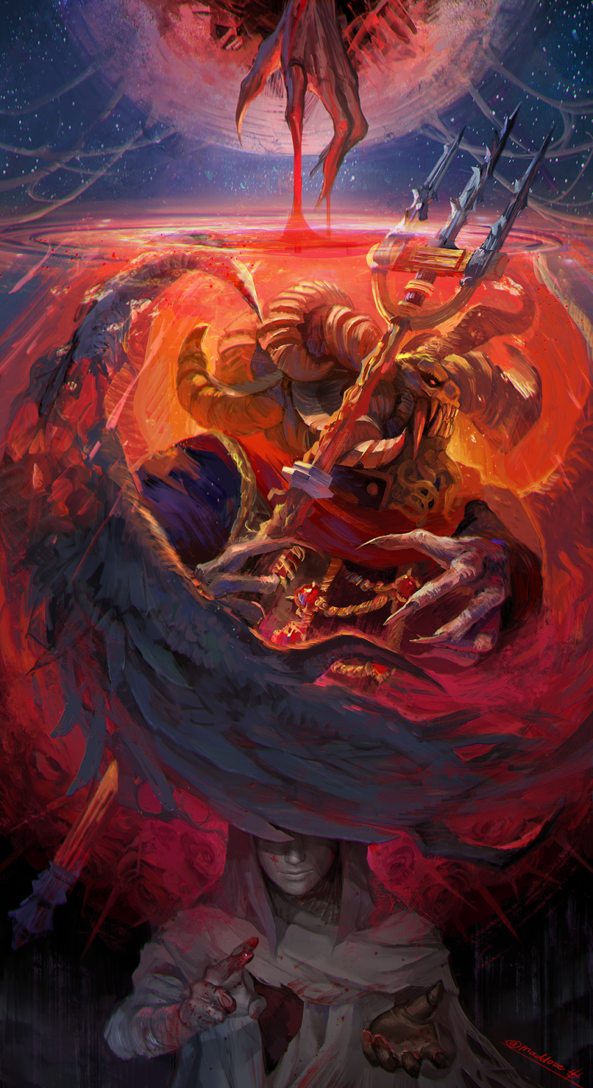 2boys, blood, blood_on_hands, blood_on_mask, covered_eyes, elden_ring, feathered_wings, fingernails