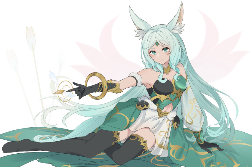 1girl, animal_ear_fluff, animal_ears, apollousa_bow_of_the_goddess, armband, bare_shoulders, black_gloves, black_legwear, blue_eyes, breasts, choker, clothing_cutout, detached_sleeves, dress, duel_monster, elbow_gloves, gloves, green_hair, heichi, highres, long_hair, navel, pointing, single_sleeve, sitting, solo, stomach_cutout, thigh-highs, very_long_hair, yokozuwari, yu-gi-oh!