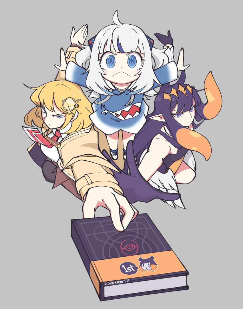 3girls, :<, absurdres, ao-chan_(ninomae_ina'nis), bangs, blonde_hair, blue_eyes, blue_hair
