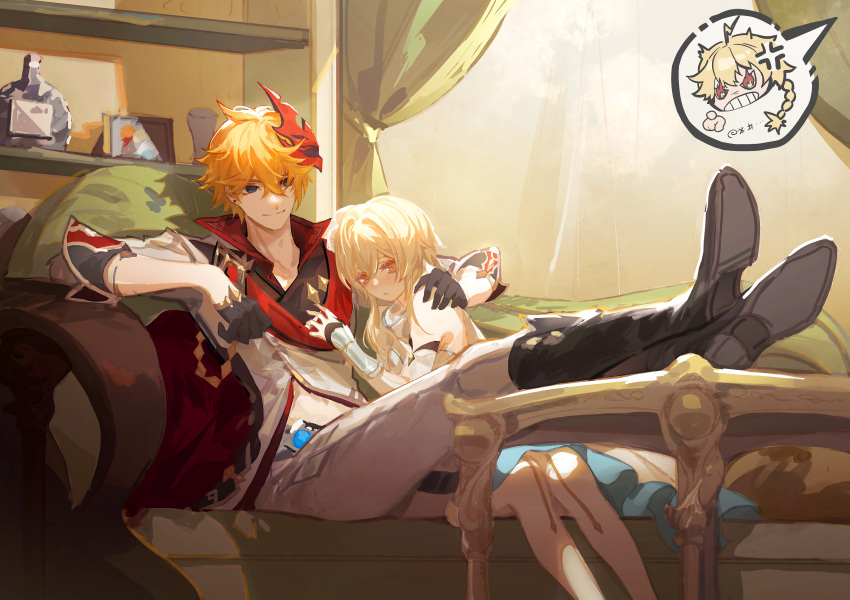 1boy, 1girl, absurdres, aether_(genshin_impact), anger_vein, black_gloves, blonde_hair, blue_eyes, boots, clenched_teeth, closed_mouth, coffee_table, commentary, couch, crossed_legs, curtains, dress, feet_on_table, flaming_eyes, genshin_impact, gloves, grey_pants, grey_shirt, hetero, highres, indoors, long_sleeves, lumine_(genshin_impact), mask, mask_on_head, pants, pointing, qilu_xunhua, red_scarf, scarf, shirt, short_hair_with_long_locks, smile, speech_bubble, spoken_character, tartaglia_(genshin_impact), teeth, thigh-highs, thigh_boots, vambraces, vision_(genshin_impact), white_dress, white_footwear, yellow_eyes