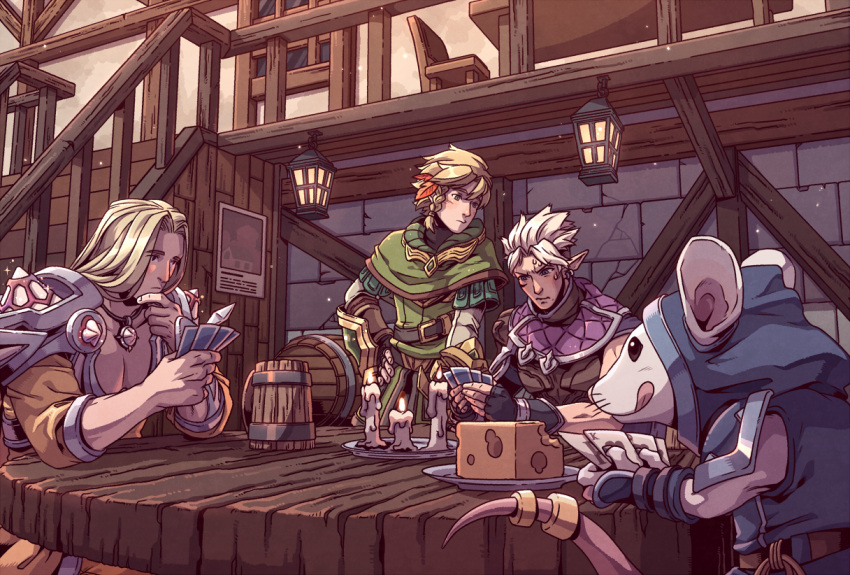 3boys, armor, bar, barrel, belt, blonde_hair, blush, braid
