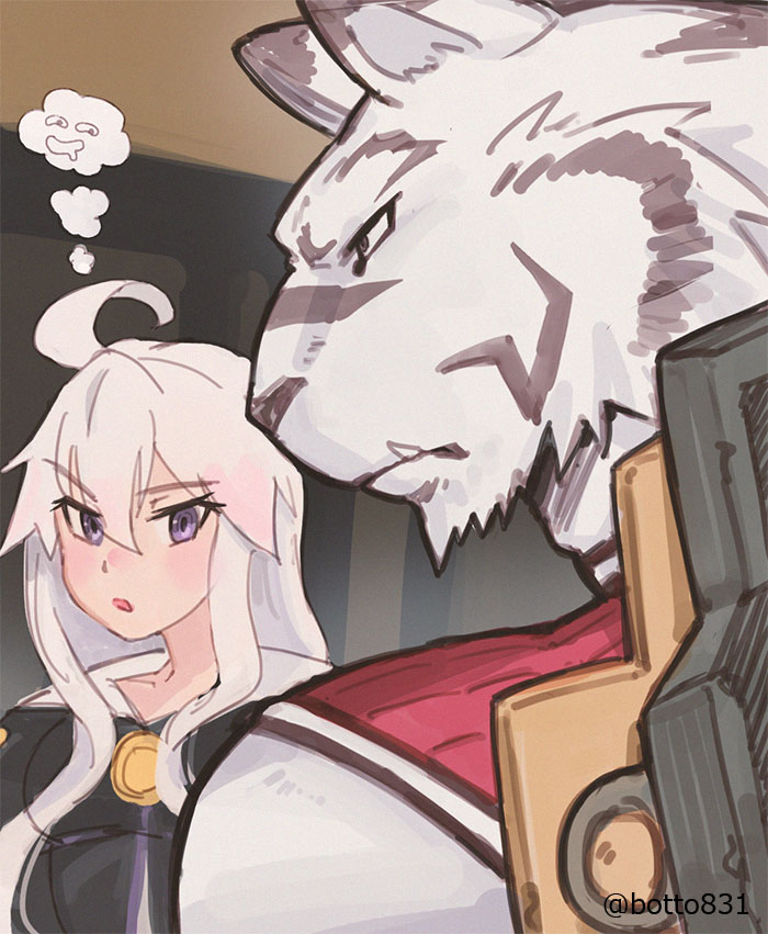 1boy, 1girl, animal_ears, blue_eyes, blush, botto831, breast_envy, from_side