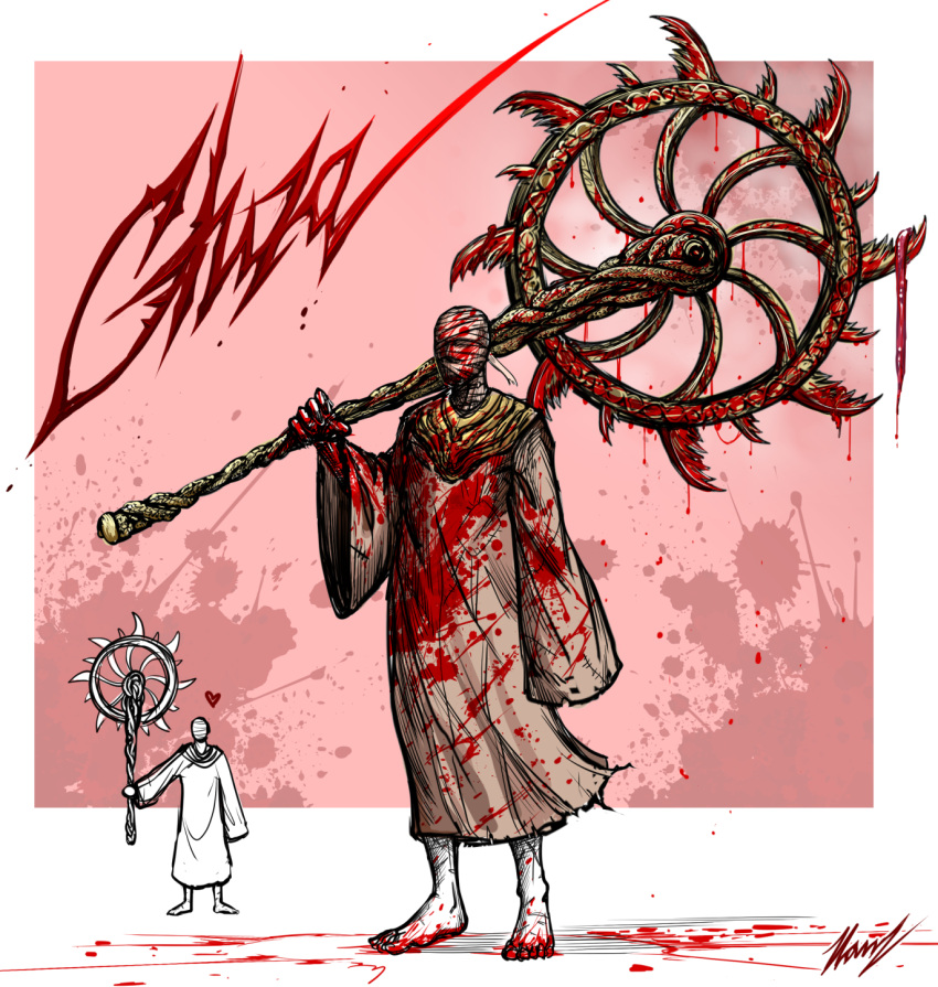 1boy, bandaged_head, bandages, barefoot, blood, blood_on_clothes, blood_on_face, blood_on_hands