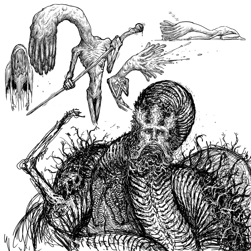 absurdres, commentary, elden_ring, english_commentary, greyscale, hanzkilla, highres, looking_at_viewer, monochrome, monster, no_humans, rykard_lord_of_blasphemy, simple_background, snake, spoilers, white_background, wormface_(elden_ring)